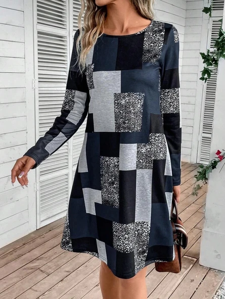 MDB Kadın Uzun Kollu Yuvarlak Yaka Geometrik Süprem Elbise - Resim 3