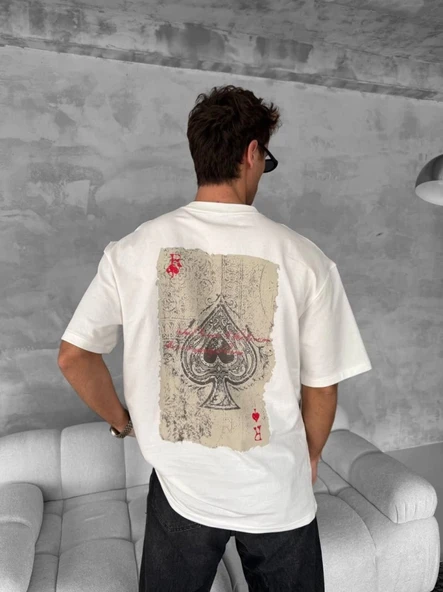 MDB Erkek Ön Ve Arka Baskılı Oversize Bisiklet Yaka Tshirt  Beyaz - Resim 3