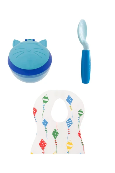 mycey Baby Boy Atıştırma Kabı/360⁰ Dönen Kaşık/Bebek Önlüğü 10'lu