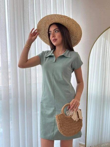 MDB Kadın Kısa Kollu Yakalı Viskon Iki Iplik Elbise - Resim 5