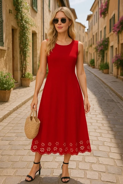 MDB Kadın Kolsuz Etek Ucu Lazer Kesim çiçek Desenli Midi Boy Ithal Krep Elbise ürün görseli 1