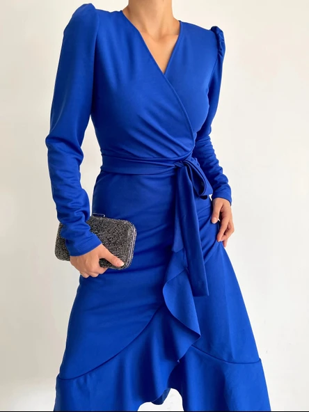 MDB Krep Kumaş idi Boy Kuşaklı Uzunkol Elbise - Resim 8