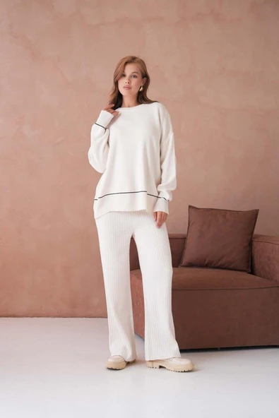 IŞŞIL 12231-Sfır Yaka Çizgi Uç Triko Pantolonlu Takım - 2