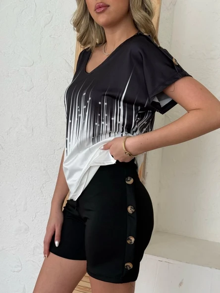 MDB Kadın V Yaka Kısa Kol Kenarları Minik Yırtmaç Detaylı Dalgıç Bluz + Düğme Detaylı Dalgıç şort - Resim 3