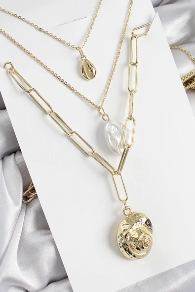 Pirinç Çoklu Zincirli İncili Deniz Kabuğu Model Gold Renk Kadın Kolye - TJ-BKO10370 ürün görseli 1