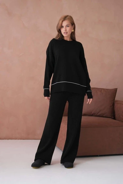 IŞŞIL 12231-Sfır Yaka Çizgi Uç Triko Pantolonlu Takım - 5