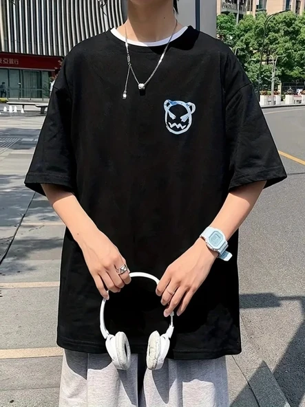 MDB Baskılı Oversize Bisiklet Yaka Tshirt  iyah - Resim 4