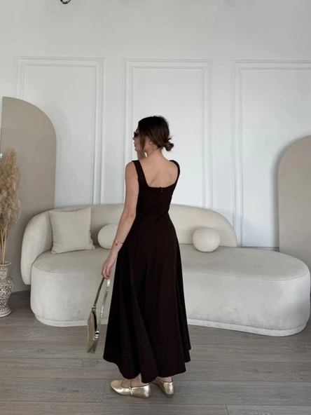 MDB ırt Dekolteli Kolsuz Uzun Elbise  Kahverengi - Resim 3