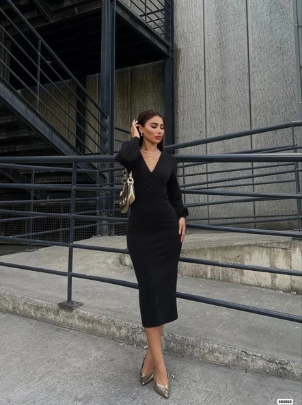 MDB Kadın Uzun Kollu Kruvaze Yaka Büzgü Ve Balon Kol Detay Krep Kumaş axi Boy imli Elbise - Resim 5