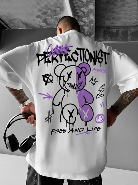 MDB Baskılı Oversize Bisiklet Yaka Tshirt  Beyaz ürün görseli 1