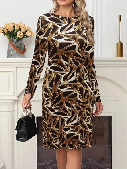 MDB Kadın Uzun Kollu Bisiklet Yaka Desenli Dalgıç Kısa Elbise ürün görseli 1