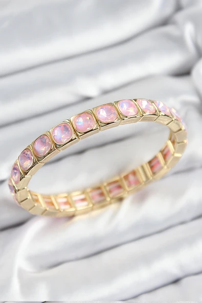 Pirinç Pembe Zirkon Taşlı Kare Model Gold Renk Lastikli Kadın Bileklik - TJ-BB7499 ürün görseli 1