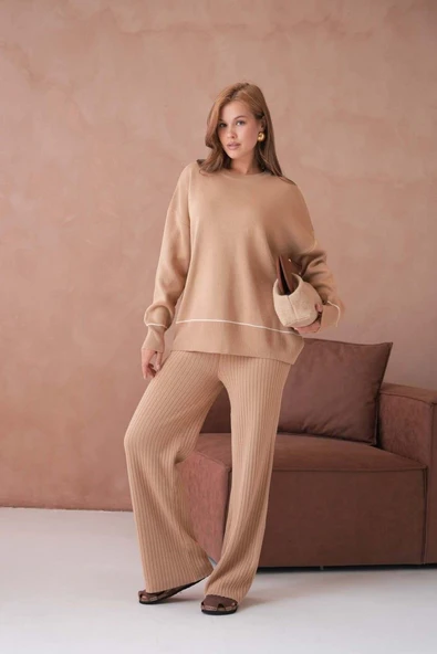 IŞŞIL 12231-Sfır Yaka Çizgi Uç Triko Pantolonlu Takım - 11