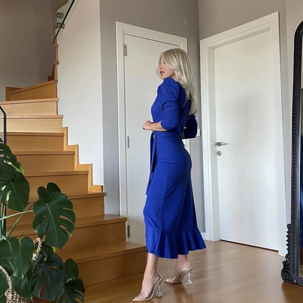 MDB Krep Kumaş idi Boy Kuşaklı Uzunkol Elbise - Resim 2