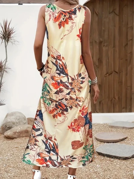 MDB Kadın Askılı Yuvarlak Yaka Cepli Desenli Süprem Elbise - Resim 3