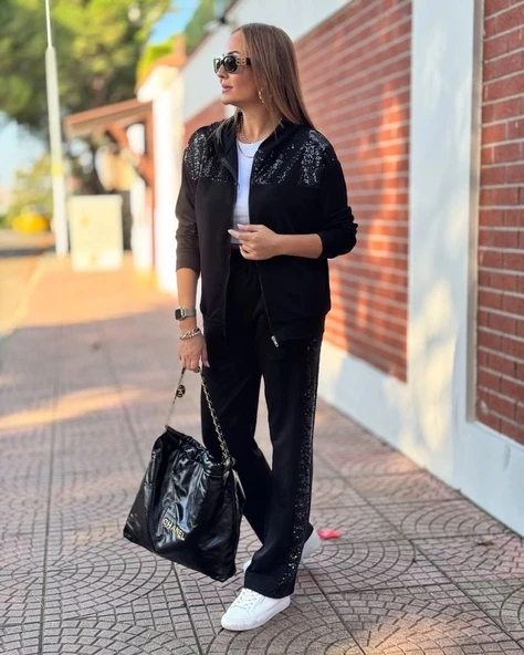 MDB Kadın Iki Iplik Kumaş Pul Ve Fermuar Detaylı Ikili Takım - Resim 4