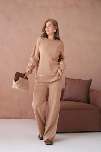 IŞŞIL 12231-Sfır Yaka Çizgi Uç Triko Pantolonlu Takım - 8