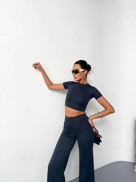 MDB Osy odal Yumuşak Dokulu Kumaş Kısa Kollu Crop Alt Ispanyol Paça Pantalon Ikili Takım  Füme - Resim 2