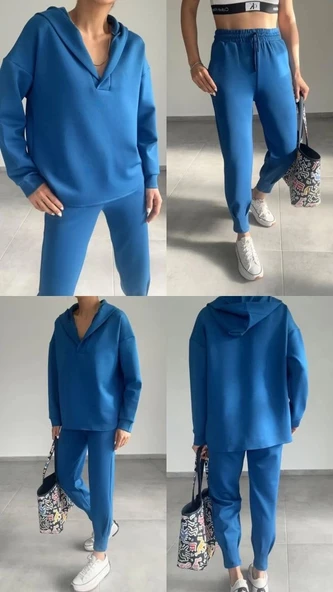 MDB Kadın Uzun Kol V Yaka Kapüşon Detay Sweat Ve Yüksel Bel Eşofman Ikili Takım - Resim 3