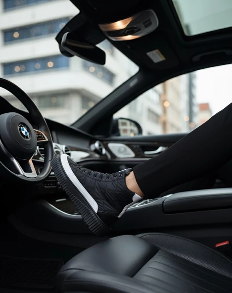 ET0811 Yüksek Taban Siyah Paraşüt Kumaş Beyaz Cilt Detaylı Yarım Bilek Spor Bot - Resim 4