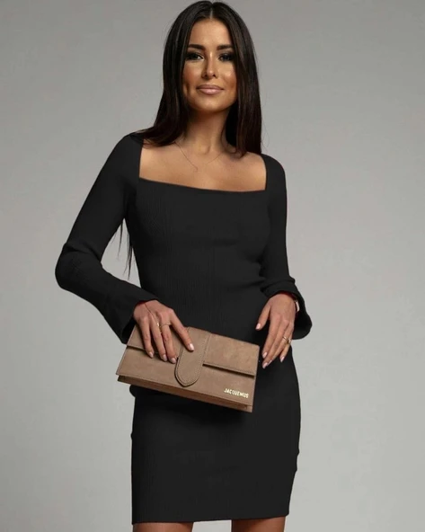 MDB Kadın Uzun Kollu Kare Yaka Kol Ucu Ispanyol Triko Elbise - Resim 2