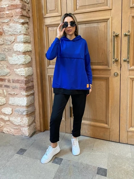 MDB Kadın Kapşonlu Etek Ucu Detay Armalı Ters Dikiş Gorunumlu Ikili Takım ürün görseli 1