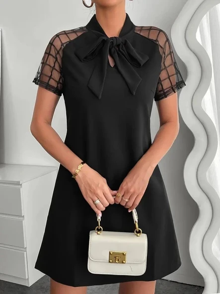 MDB Kadın Kısa Kollu Boyundan Bağlamalı Omuzlarda Tül Detaylı Janjan Krep Elbise - Resim 3