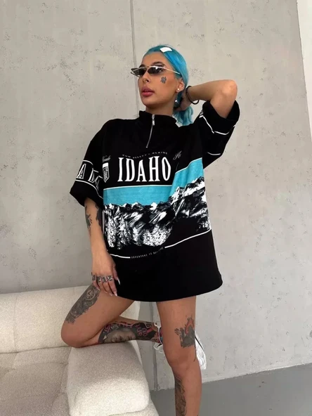 MDB Unisex Baskılı Yarım Fermuarlı Thirt  iyah - Resim 3