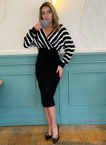 MDB Uzun Kollu Kruvaze Yaka çizgi Desenli Kısa Triko Elbise - Resim 2