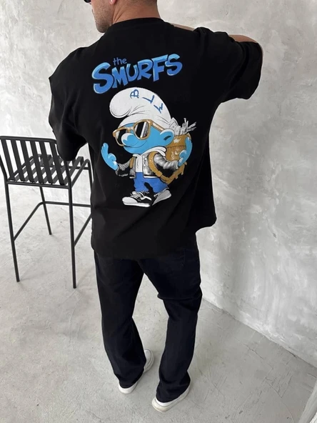 MDB Ön Ve Arka Baskılı Oversize Bisiklet Yaka Tshirt iyah - Resim 3