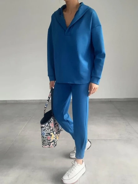 MDB Kadın Uzun Kol V Yaka Kapüşon Detay Sweat Ve Yüksel Bel Eşofman Ikili Takım ürün görseli 1