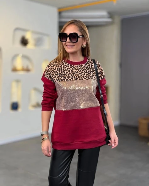 MDB Kadın üç Iplik şardonlu Kumaş Leopar Desenli Bluz ürün görseli 1