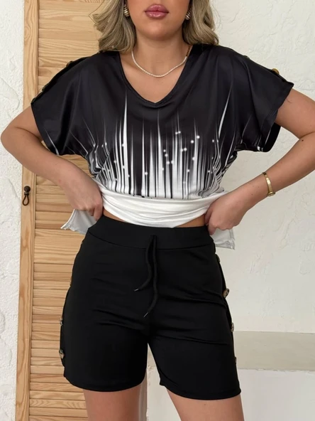 MDB Kadın V Yaka Kısa Kol Kenarları Minik Yırtmaç Detaylı Dalgıç Bluz + Düğme Detaylı Dalgıç şort - Resim 4