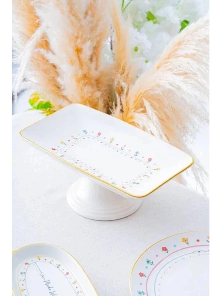 Acar HCA7731 Livaldi Çiçek Desenli Porselen Gold-Beyaz Ayaklı Çikolata-Servis Tabağı ürün görseli 1