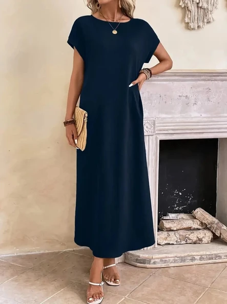 MDB Kadın Uzun Kollu Yakası Açık Viskon Elbise - Resim 2