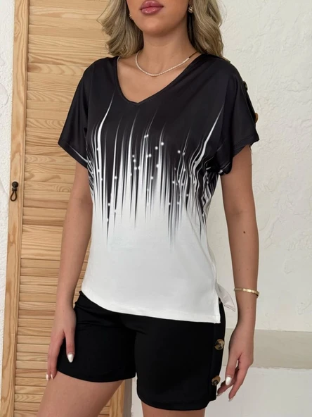 MDB Kadın V Yaka Kısa Kol Kenarları Minik Yırtmaç Detaylı Dalgıç Bluz + Düğme Detaylı Dalgıç şort - Resim 2