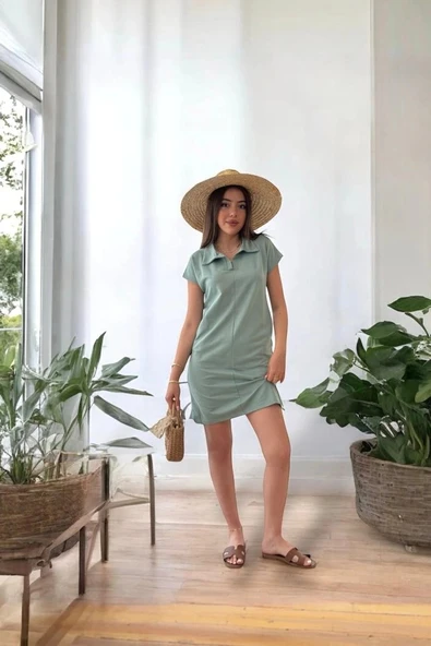 MDB Kadın Kısa Kollu Yakalı Viskon Iki Iplik Elbise - Resim 6