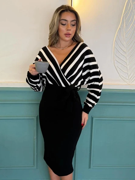 MDB Uzun Kollu Kruvaze Yaka çizgi Desenli Kısa Triko Elbise - Resim 3