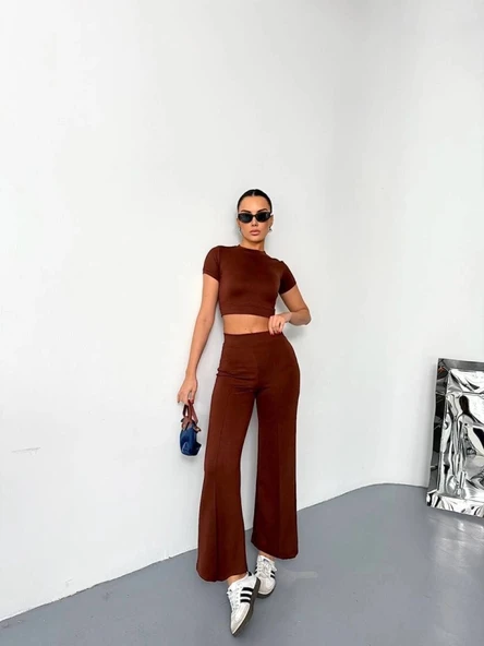 MDB Osy odal Yumuşak Dokulu Kumaş Kısa Kollu Crop Alt Ispanyol Paça Pantalon Ikili Takım  Kahverengi ürün görseli 1