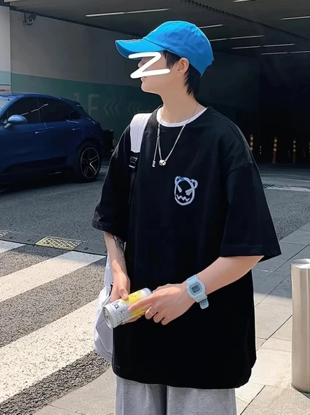 MDB Baskılı Oversize Bisiklet Yaka Tshirt  iyah - Resim 2