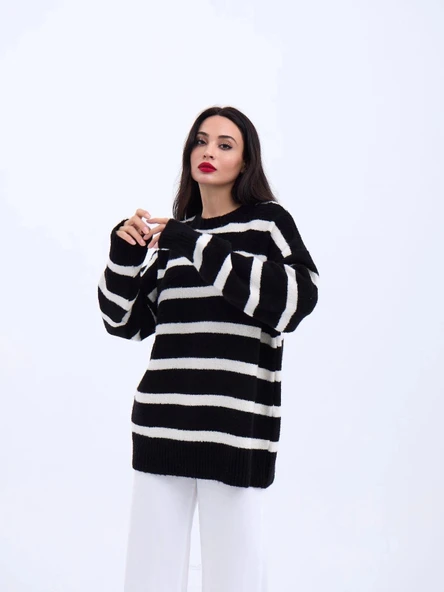 MDB 43111 TRİKO ÇİZGİLİ SALAŞ KAZAKSİYAHEKRU ürün görseli 1