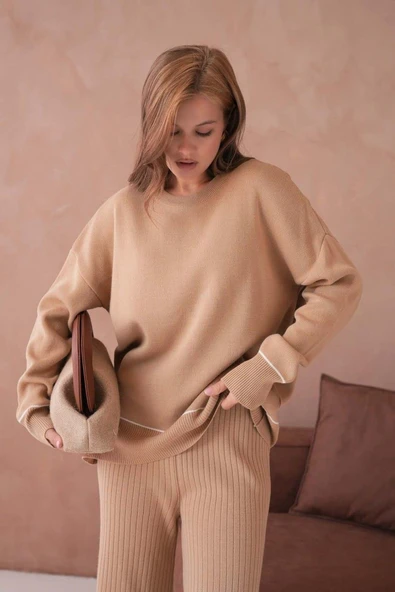 IŞŞIL 12231-Sfır Yaka Çizgi Uç Triko Pantolonlu Takım - 10