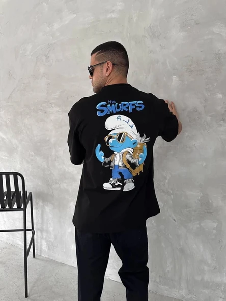 MDB Ön Ve Arka Baskılı Oversize Bisiklet Yaka Tshirt iyah - Resim 4