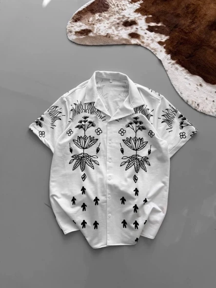 MDB İki İplik Kumaş Baskılı Gömlek  Beyaz ürün görseli 1