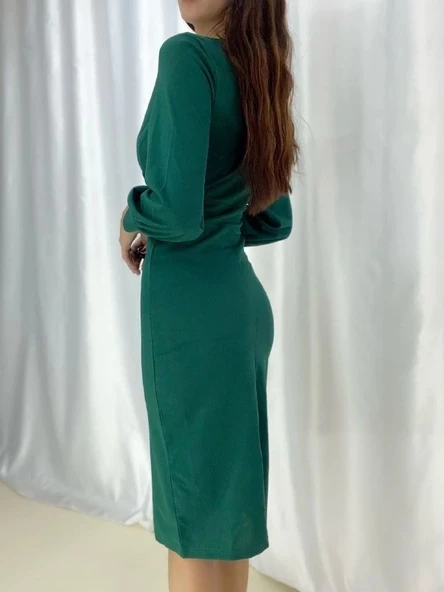 MDB Kadın Kruvaze Yaka Balon Kol idi Boy Elbise - Resim 5