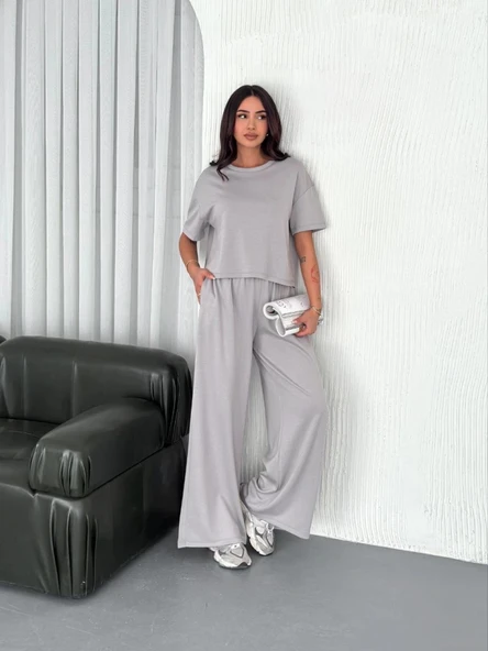 MDB Osy odal Yumuşak Dokulu Kumaş Bisiklet Yaka Tshirt  Bol Paça Pantalon Ikili Takım  Boyalı Gri ürün görseli 1