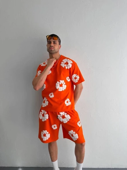 MDB İki İplik Kumaş Baskılı Tshirt Şortlu Takım Turuncu - Resim 2
