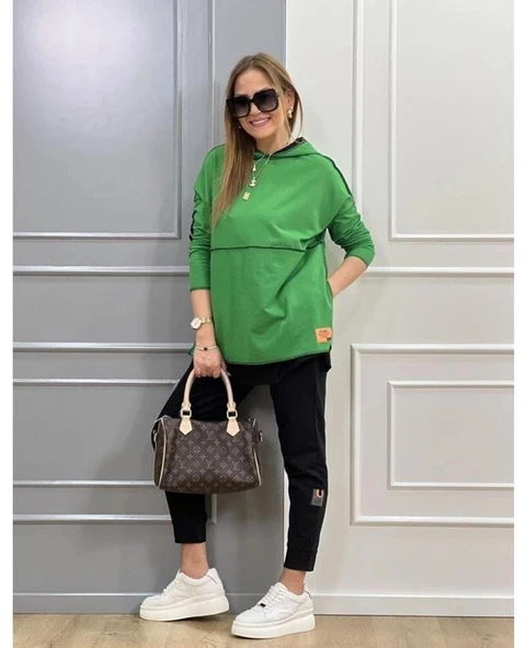 MDB Kadın Yeşil Kapşonlu Etek Ucu Detay Arma Ters Dikiş Gorunumlu Ikili Takım - Resim 3