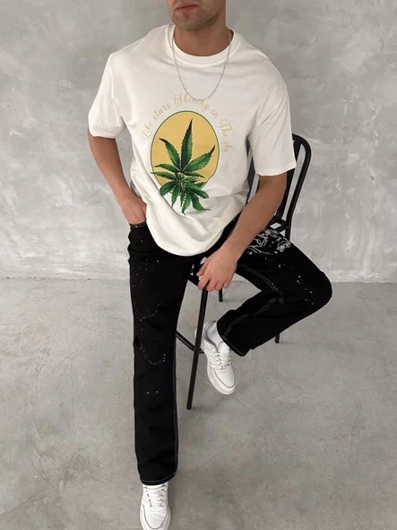 MDB Ön Ve Arka Baskılı Oversize Bisiklet Yaka Tshirt Beyaz - Resim 3