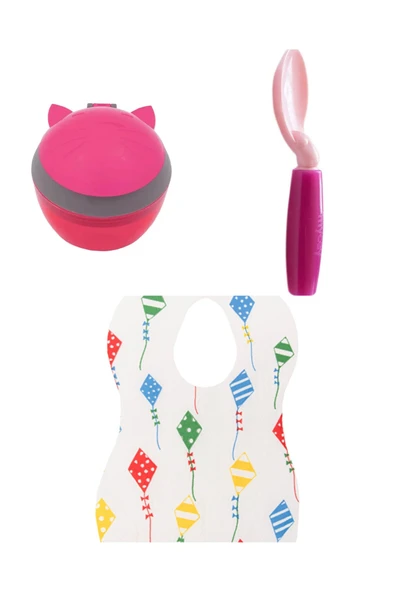 mycey Baby Girl Atıştırma Kabı/360⁰ Dönen Kaşık/Bebek Önlüğü 10'lu